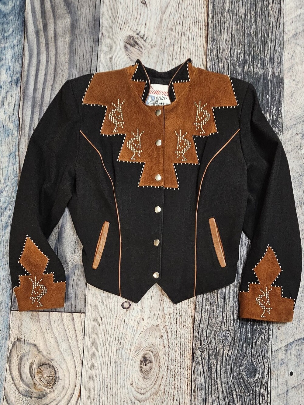 Vintage Diamond Denim & Leather Southwestern Jacket Women's Size 12 Made USA